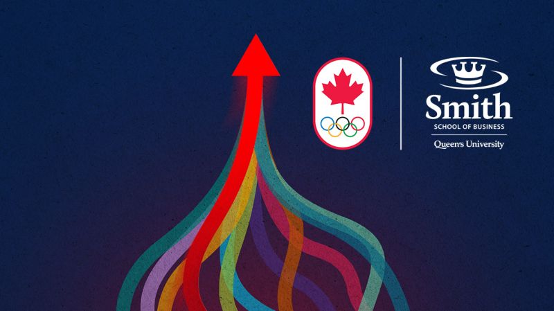 A number of colourful arrows combine together to create one bright red arrow pointing upward. The Canadian Olympic Committee and Smith School of Business logo. 