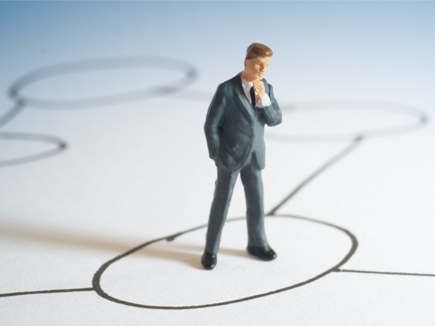 Businessman standing confusing with strategy process step.