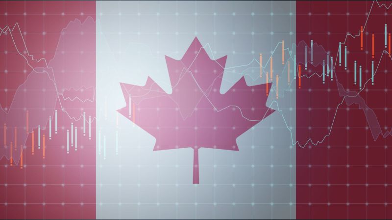 Canada flag and financial markets graph overlay