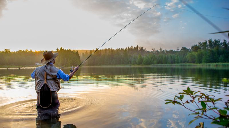 A young man fly fishing at sunrise, waist deep in water.