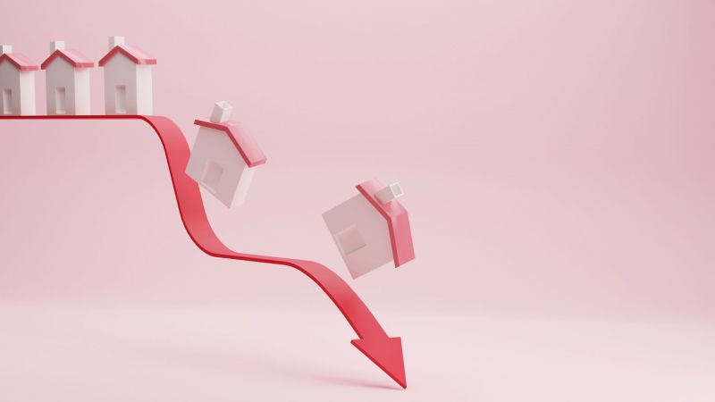 Graph of real estate market where arrowhead is falling. House prices fall in real estate business