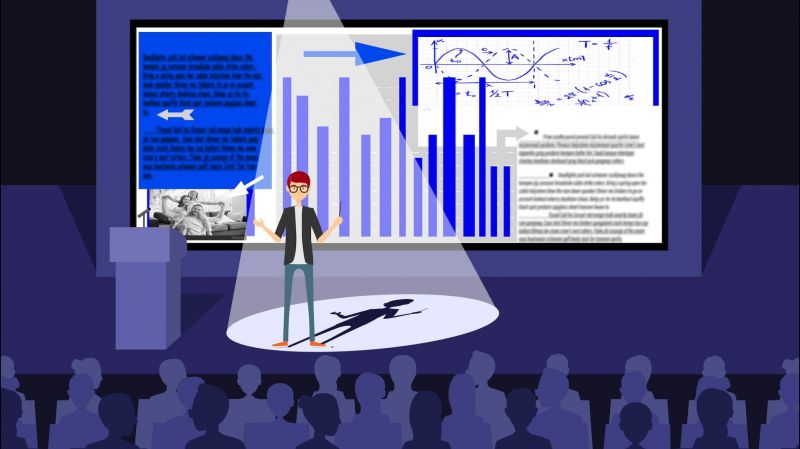 Illustration of person on stage in front of a crowd with a presentation behind them.