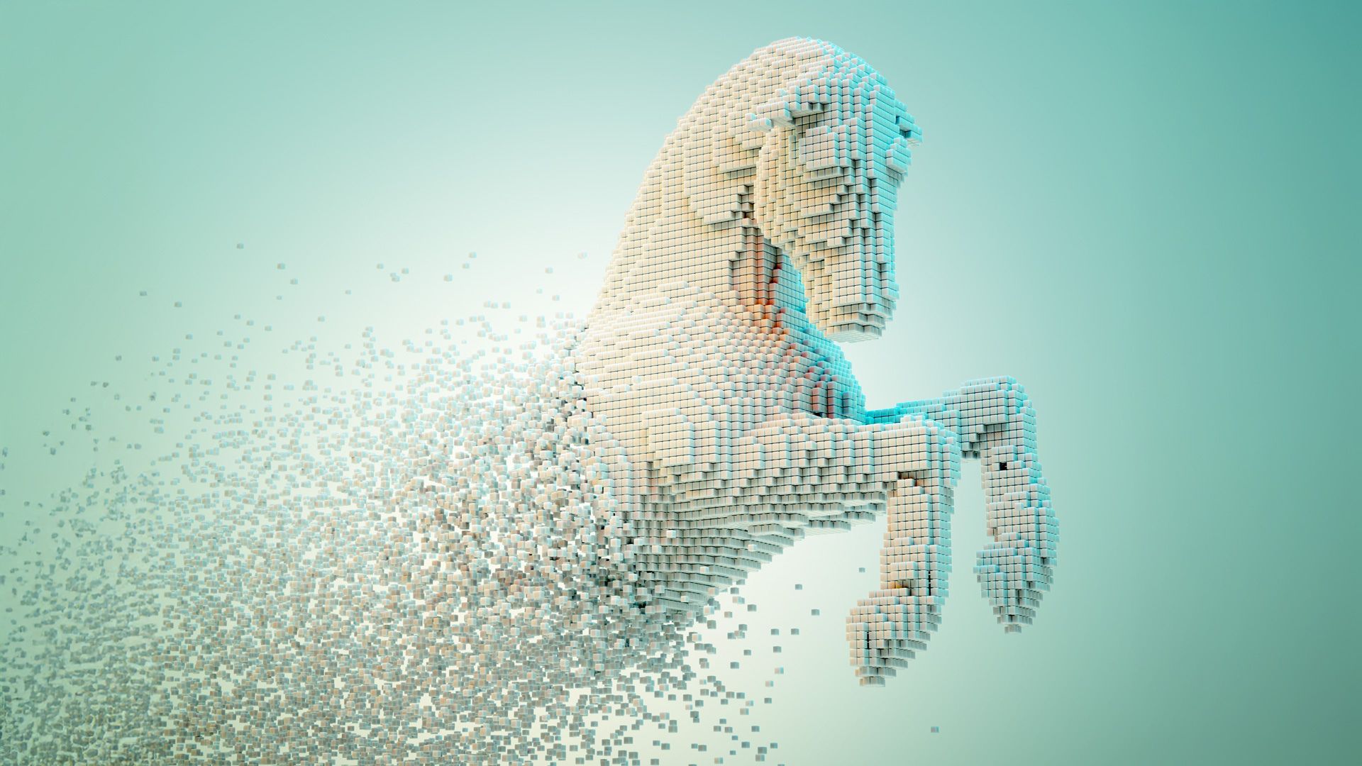 White voxel horse with dispersion effect, capturing the idea of a digital/AI Trojan horse