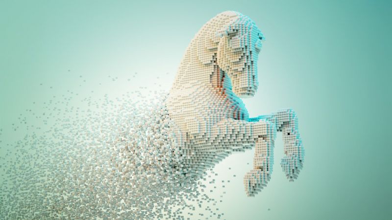 White voxel horse with dispersion effect, capturing the idea of a digital/AI Trojan horse