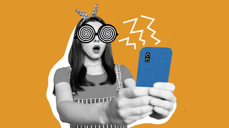 Poster collage of shocked woman looking at fake news on her phone.