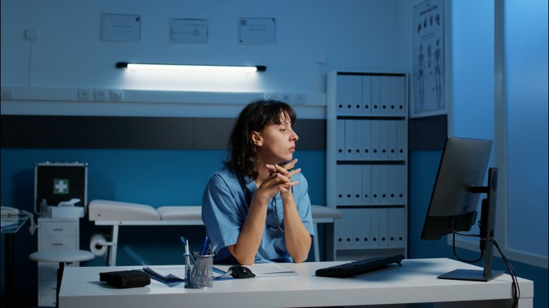 A photo of a nurse sitting in her office