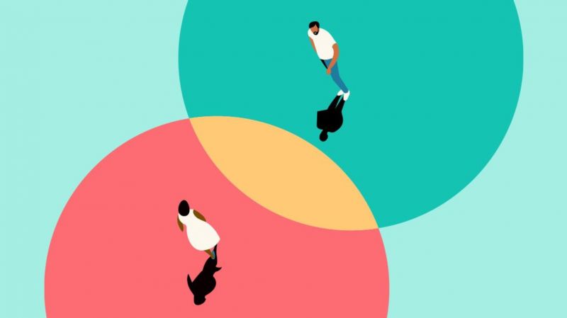 An illustration: Two figures of people in circles of different colors