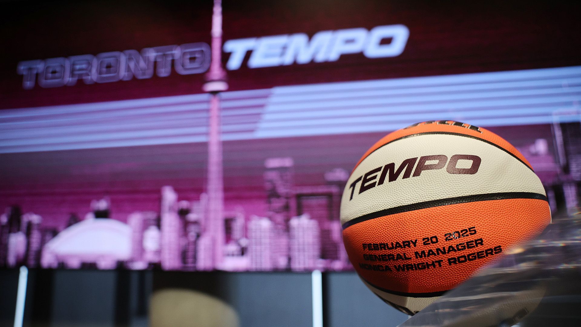 Toronto Tempo branded basketball. Ceremonial shot during press conference.