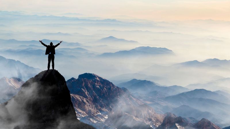 Businessman enjoying success at the peak of a mountain