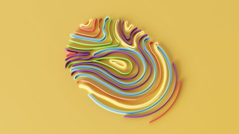 Multi coloured 3D fingerprint pattern on yellow background. Data risk/privacy concept.