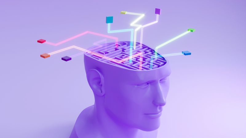 Abstract maze in the human head with glowing connection lines emerging from it, conveying the concept of digital strategy