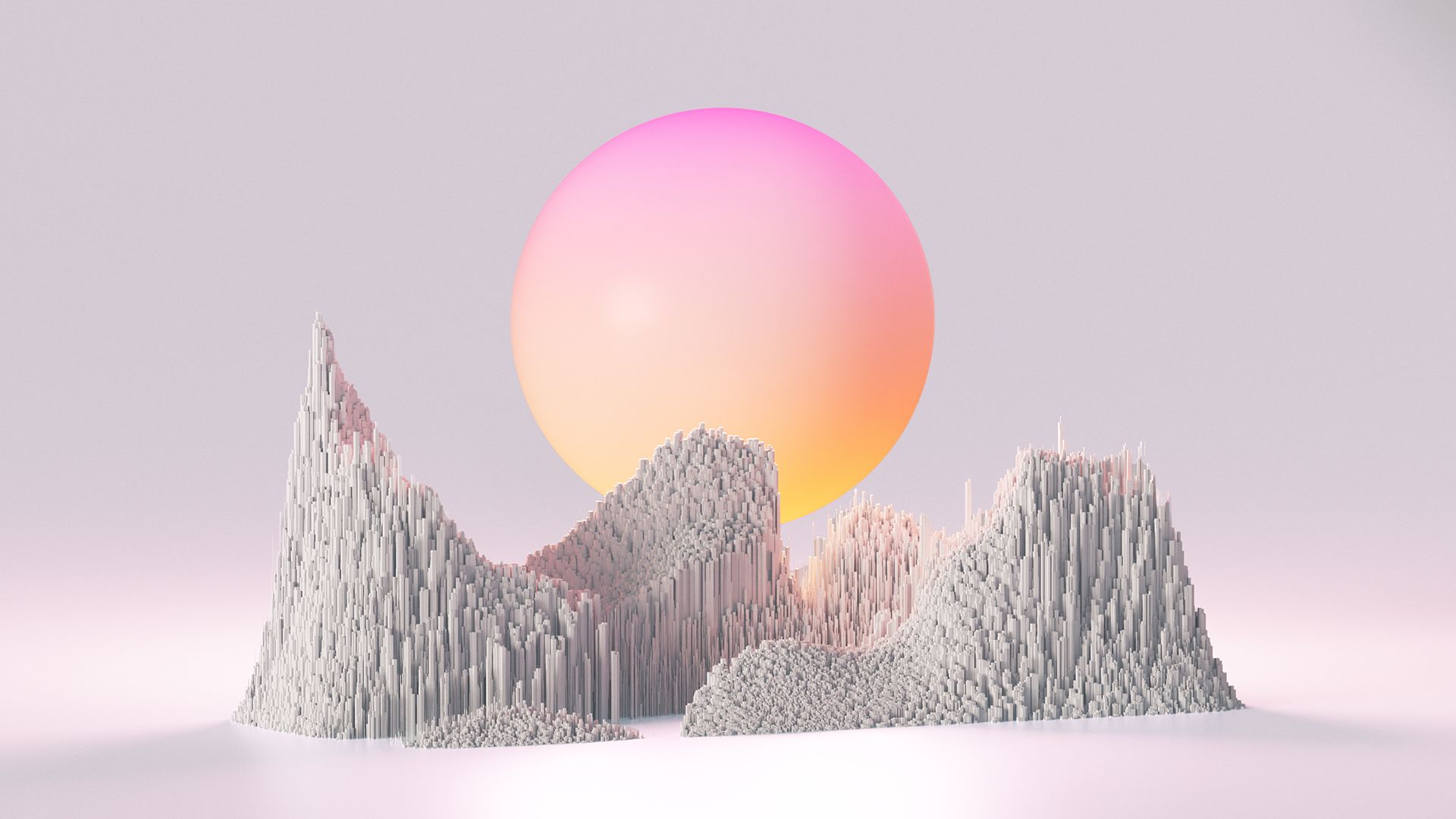 3D rendered image of a pink and orange sphere and a voxel mountain range, conveying the concept of a new frontier