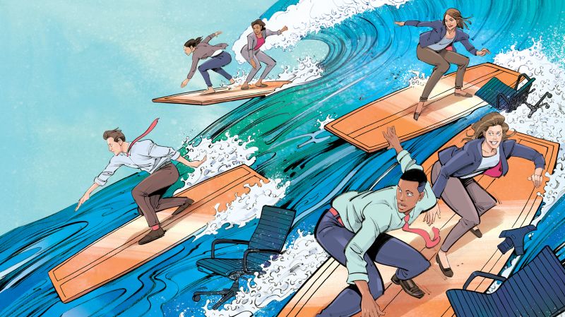 Cartoon illustration featuring business professionals surfing a wave with board seats floating in the water