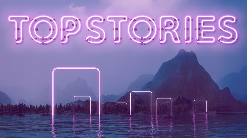 Landscape with lake and mountains with pink neon doorways and Top Stories text.