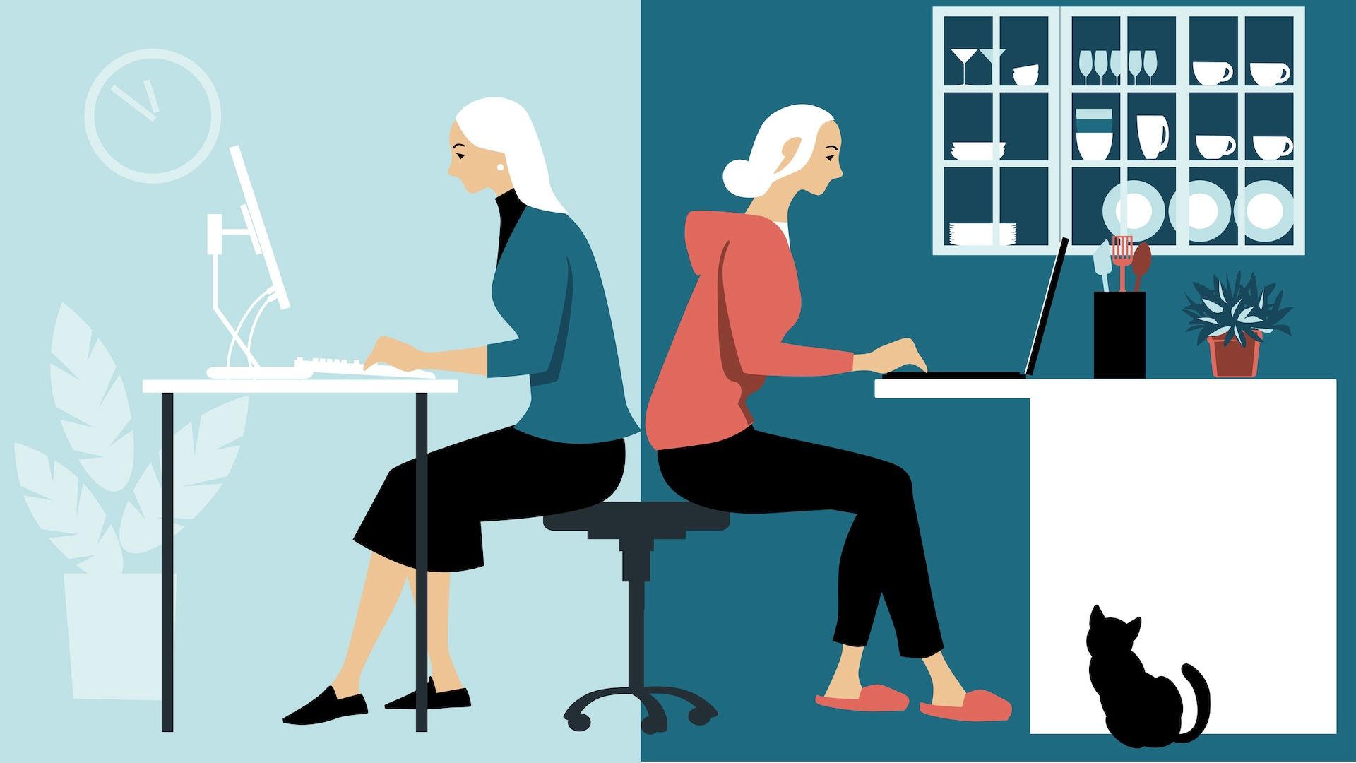 Illustration of a woman working in the office and working from home side-by-side