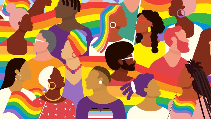 Vector illustration of a vibrant and colorful large crowd of diverse people celebrating Pride 