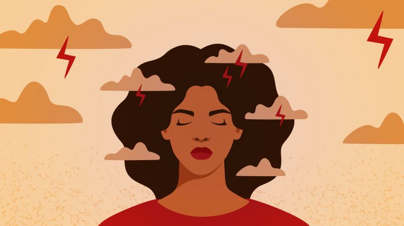 Illustration of a woman surrounded by storm clouds