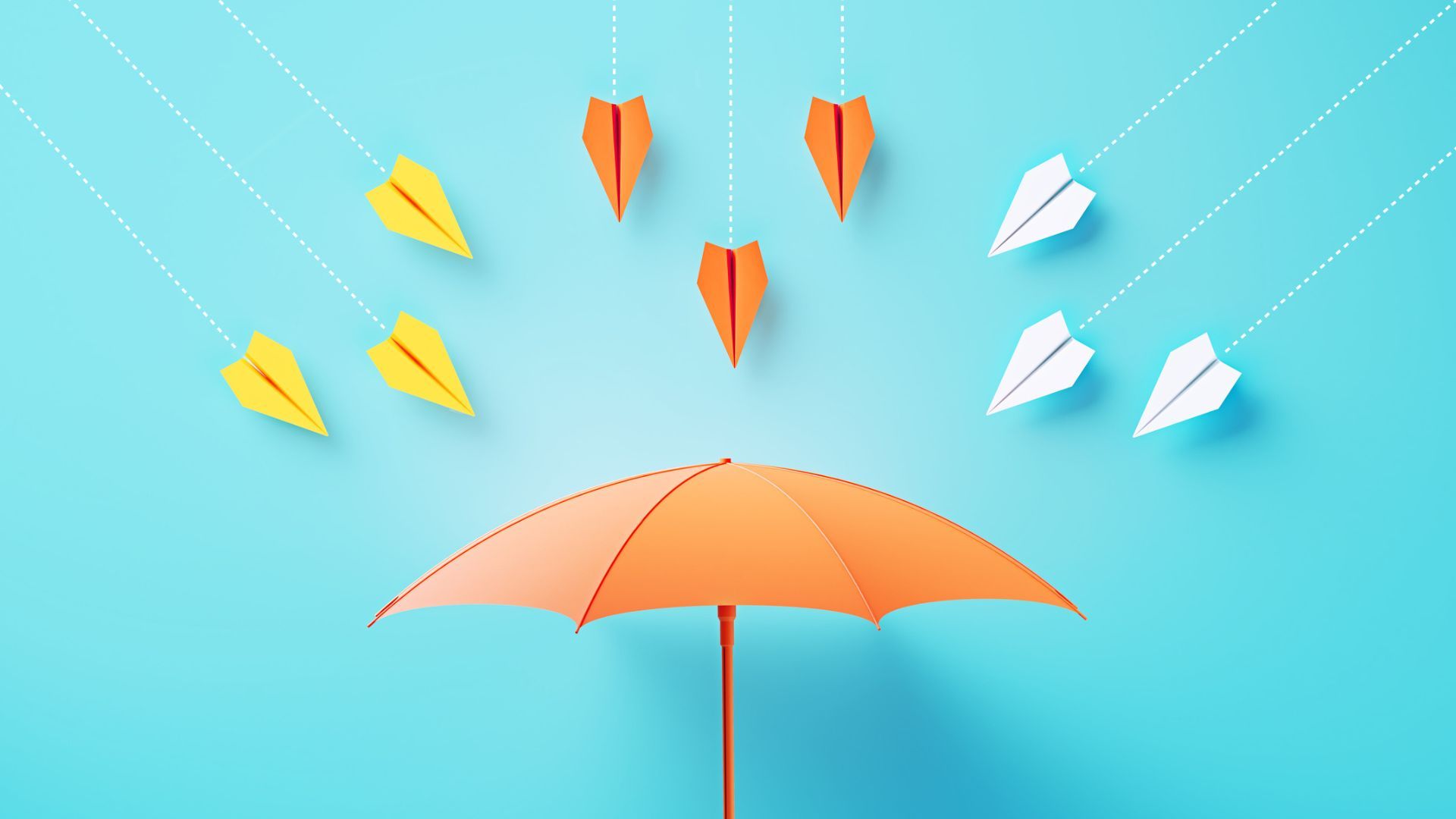 Paper planes flying towards a coral-colored umbrella on blue background. Protectiveness concept.