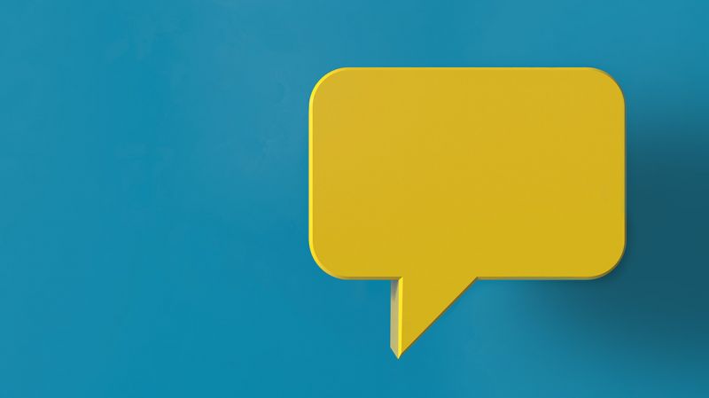 A yellow speech bubble on a blue background.