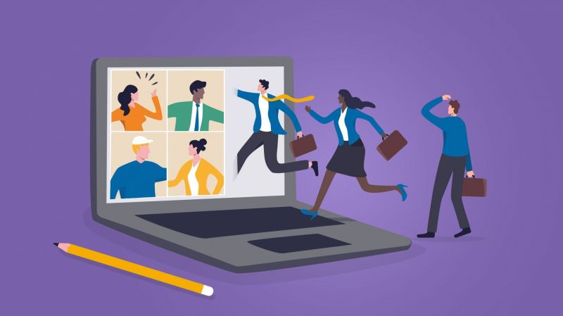 Figures of workers "jumping" into the image of a laptop and a virtual meeting