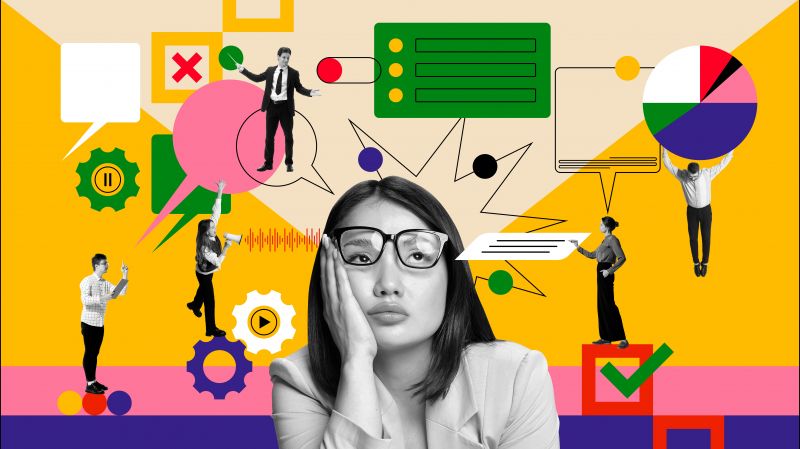 A women in glasses, thinking about multiple work tasks, yellow background