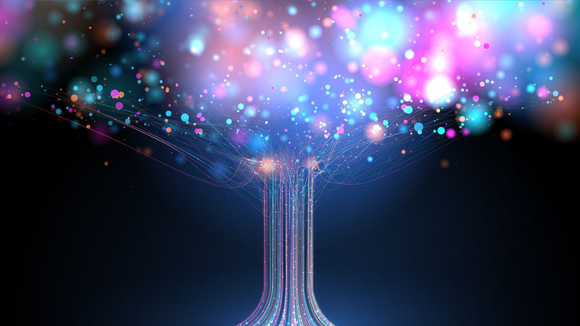 Futuristic data tree with glowing multi-color particles. Digital technology, information growth and analysis concept.