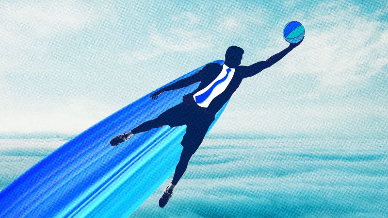 Illustration of person in suit catching basketball in the air