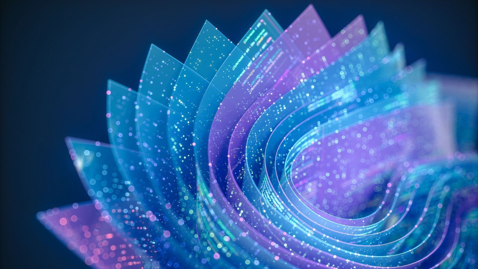 Layered transparent sheets of data and code curled into a spiral.