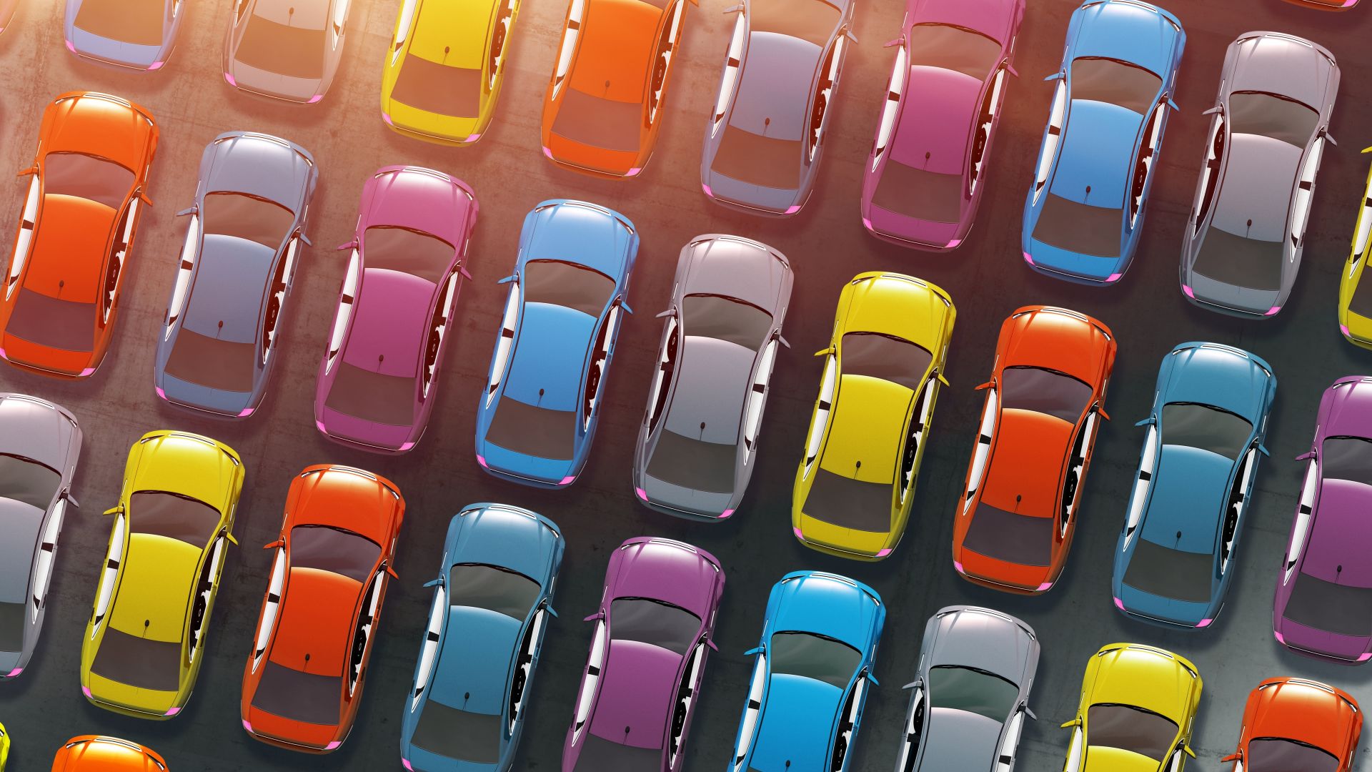 Aerial view of parked colourful cars 