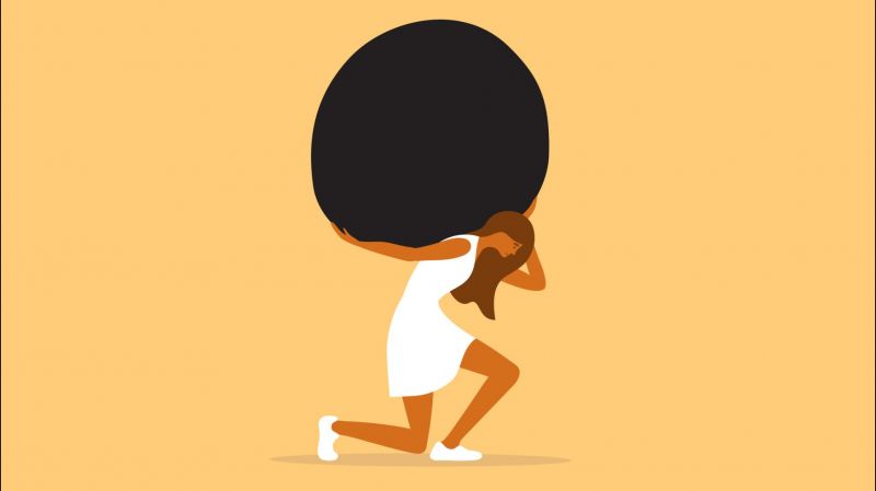 Illustration of person holding large boulder on their back