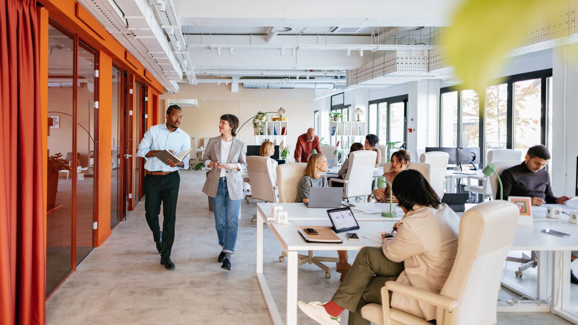 Group of professionals collaborating in a bright, modern office space designed for co-working and teamwork