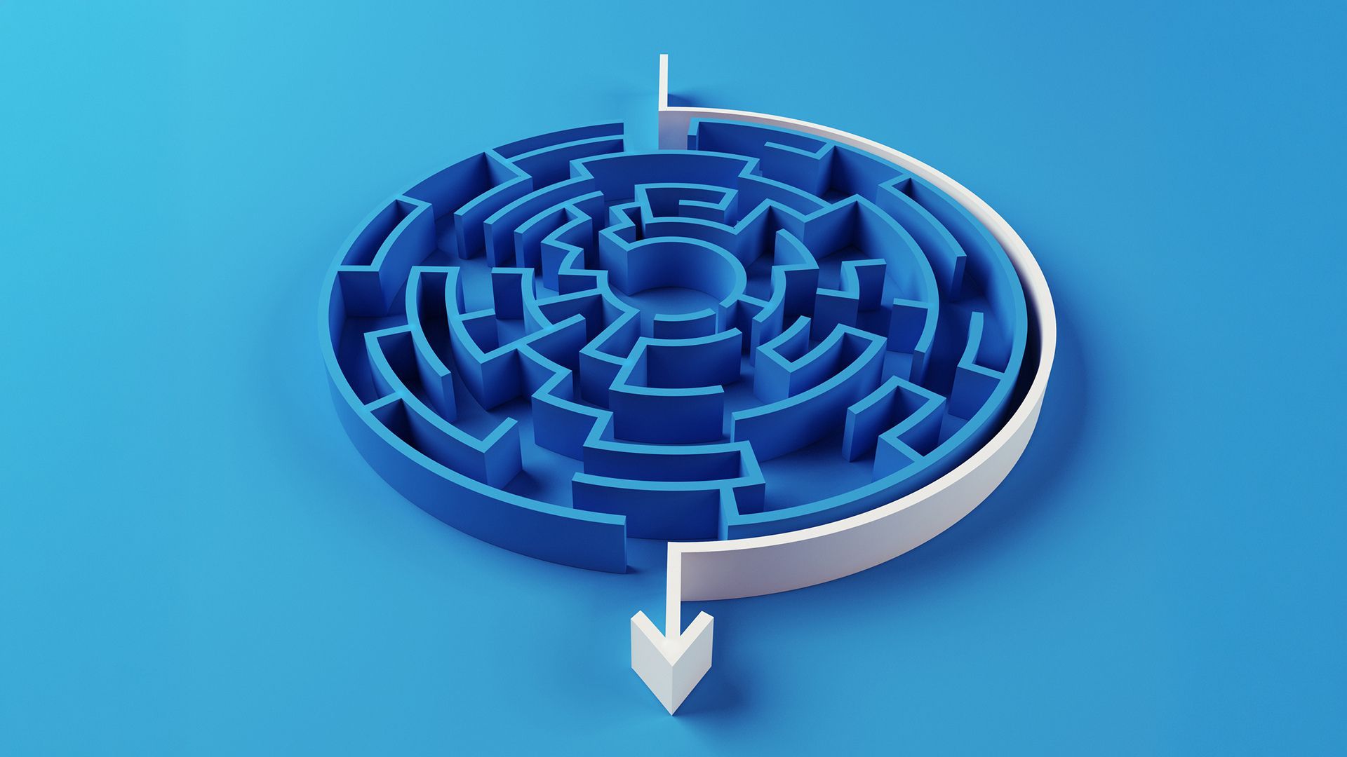 Maze puzzle on blue background with a white arrow skipping around the outside to the end.
