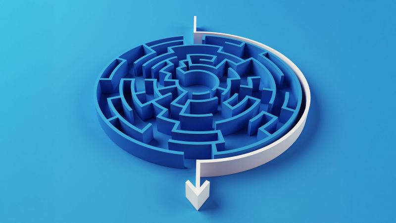 Maze puzzle on blue background with a white arrow skipping around the outside to the end.