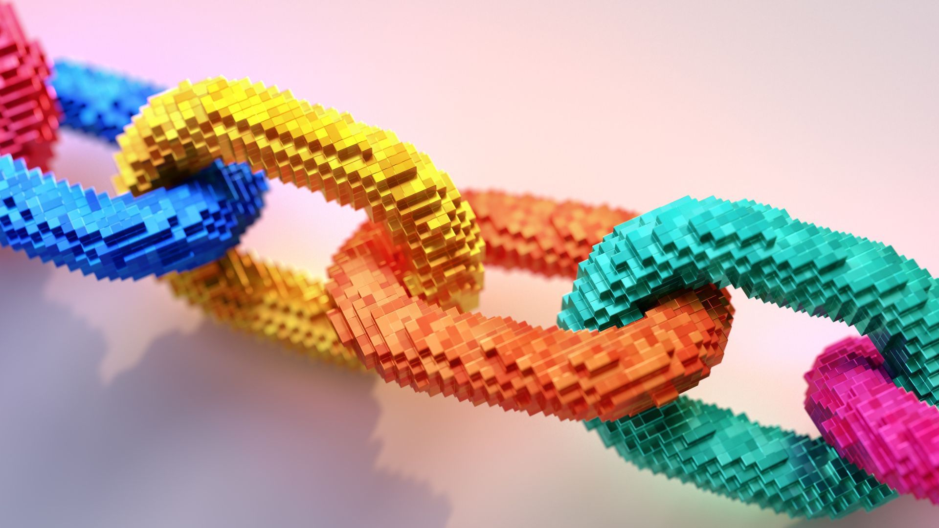 A chain with individual links made from hundreds of small colourful metallic blocks.