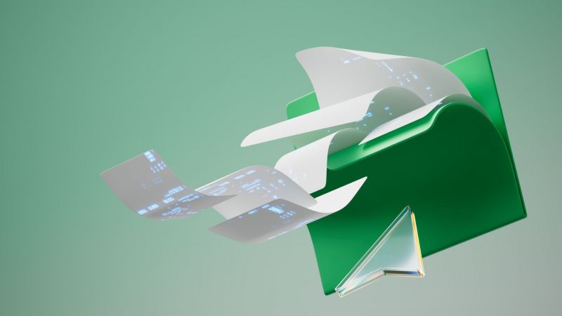 Green file folder with digitized forms flowing into it. Automated filing concept. 