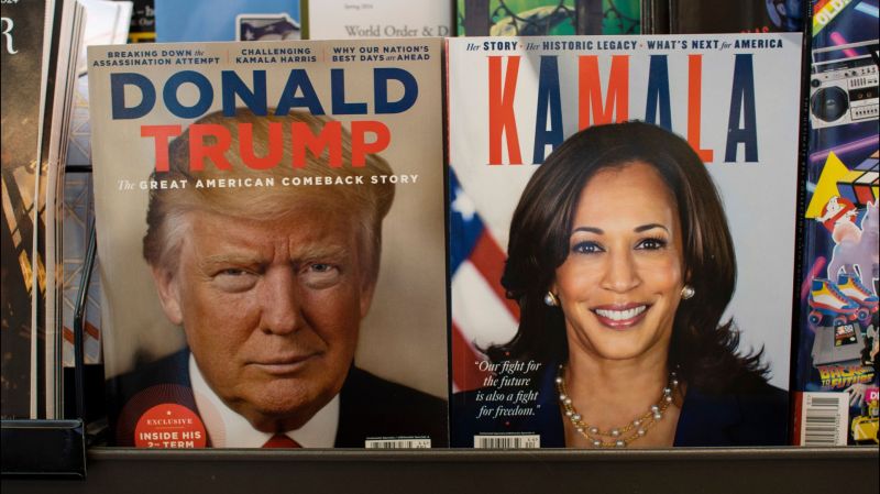 Two magazine covers featuring Donald Trump and Kamala Harris