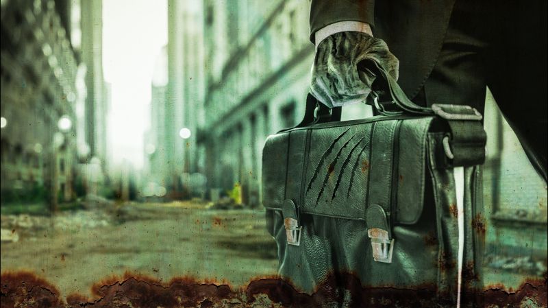 A man carries a briefcase, the image is covered with rust, dark green colors