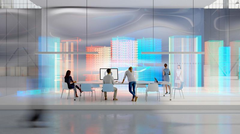 Employees working in a futuristic office environment.