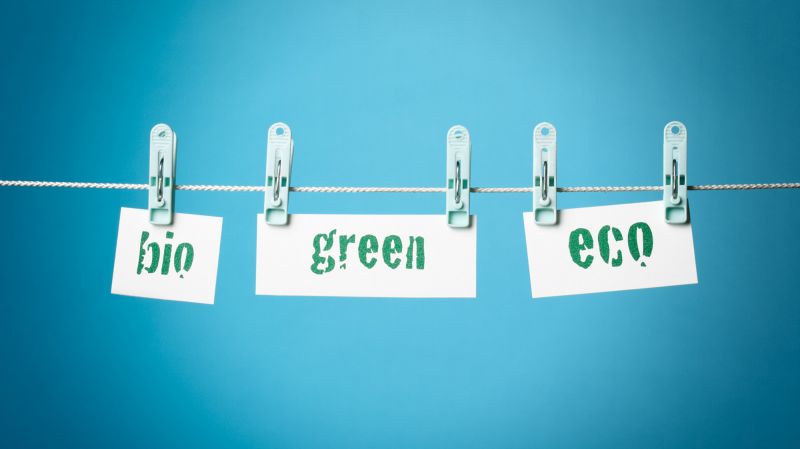 Greenwashing concept with buzzwords green, bio and eco.
