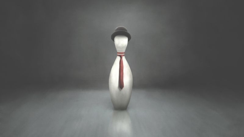 Illustration of bowling pin dressed in a tie and top hat.