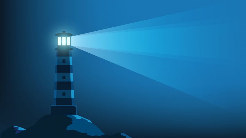Lighthouse tower with a ray of light in the dark illustration.