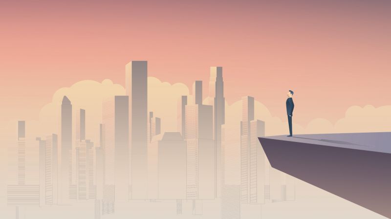 Businessman looking at cityscape. Vector concept.