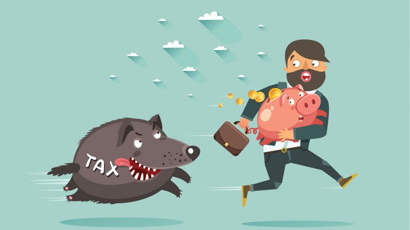 Illustration of businessman with briefcase and piggy bank run away from taxes wolf.