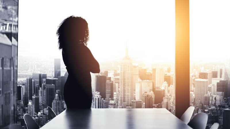Silhouetted shot of a young businesswoman looking at a cityscape from an office window.