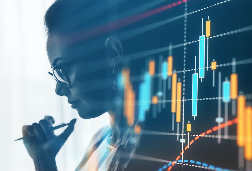 A silhouette of a woman and graphs