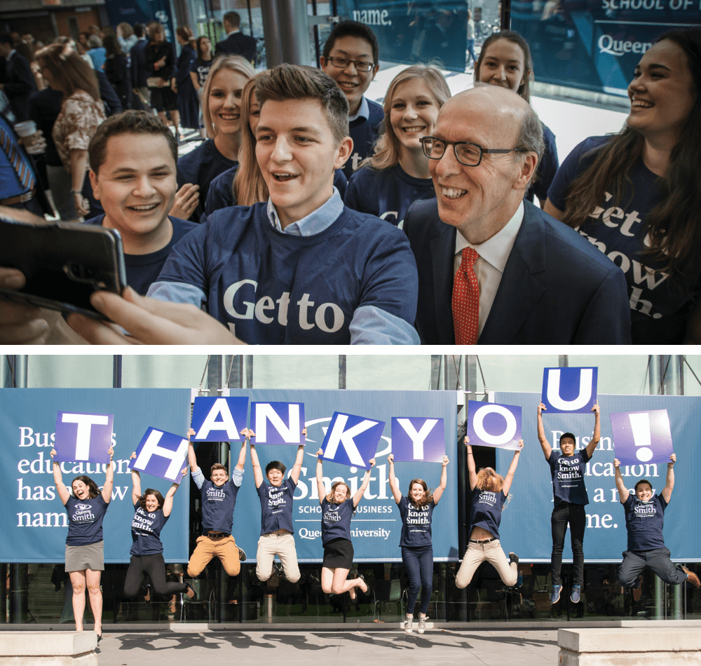 Top: Stephen Smith with students after the announcement of his gift to the school, in October 2015. Bottom: Students show their appreciation.