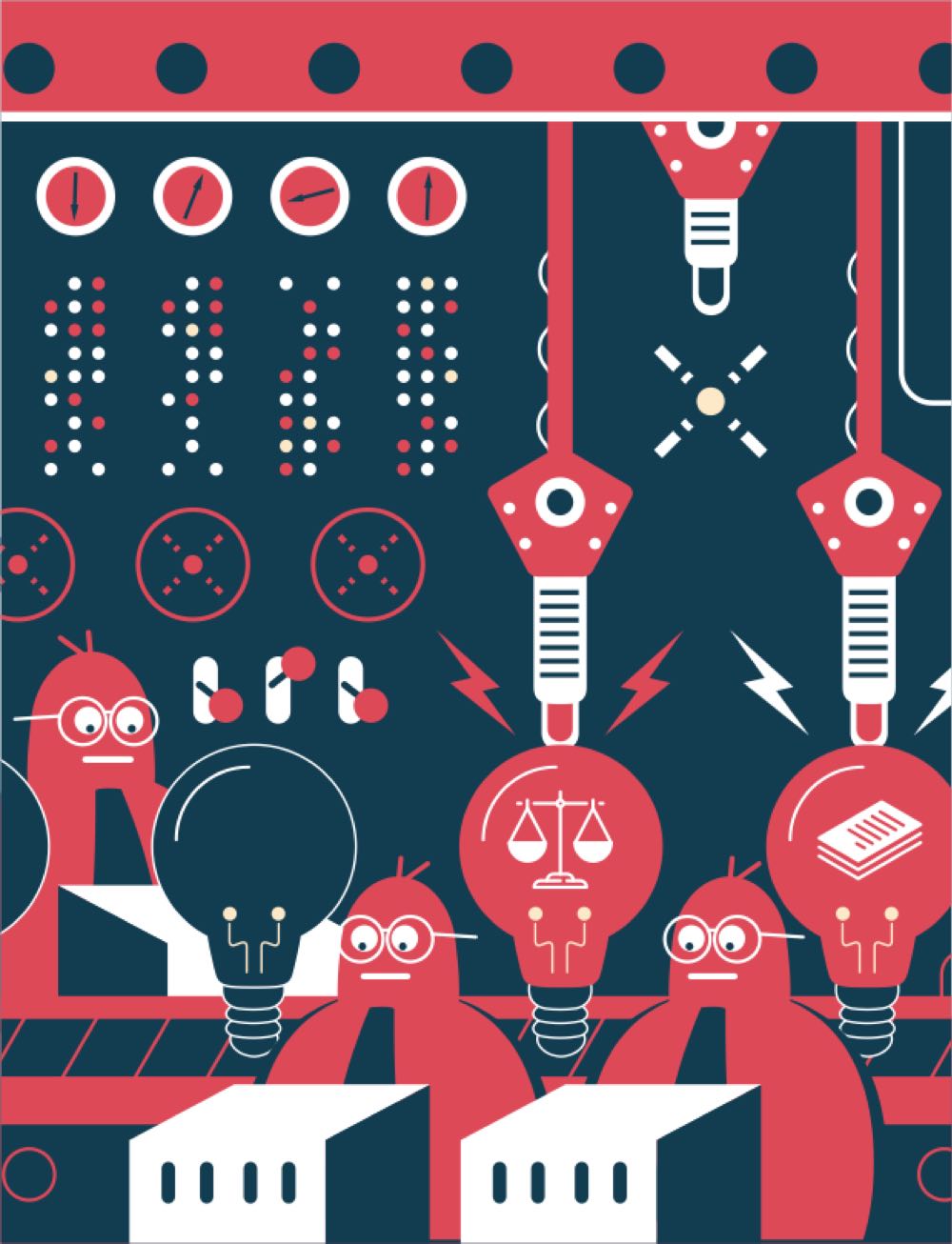 Abstract illustration of ligthbulbs on an assembly line