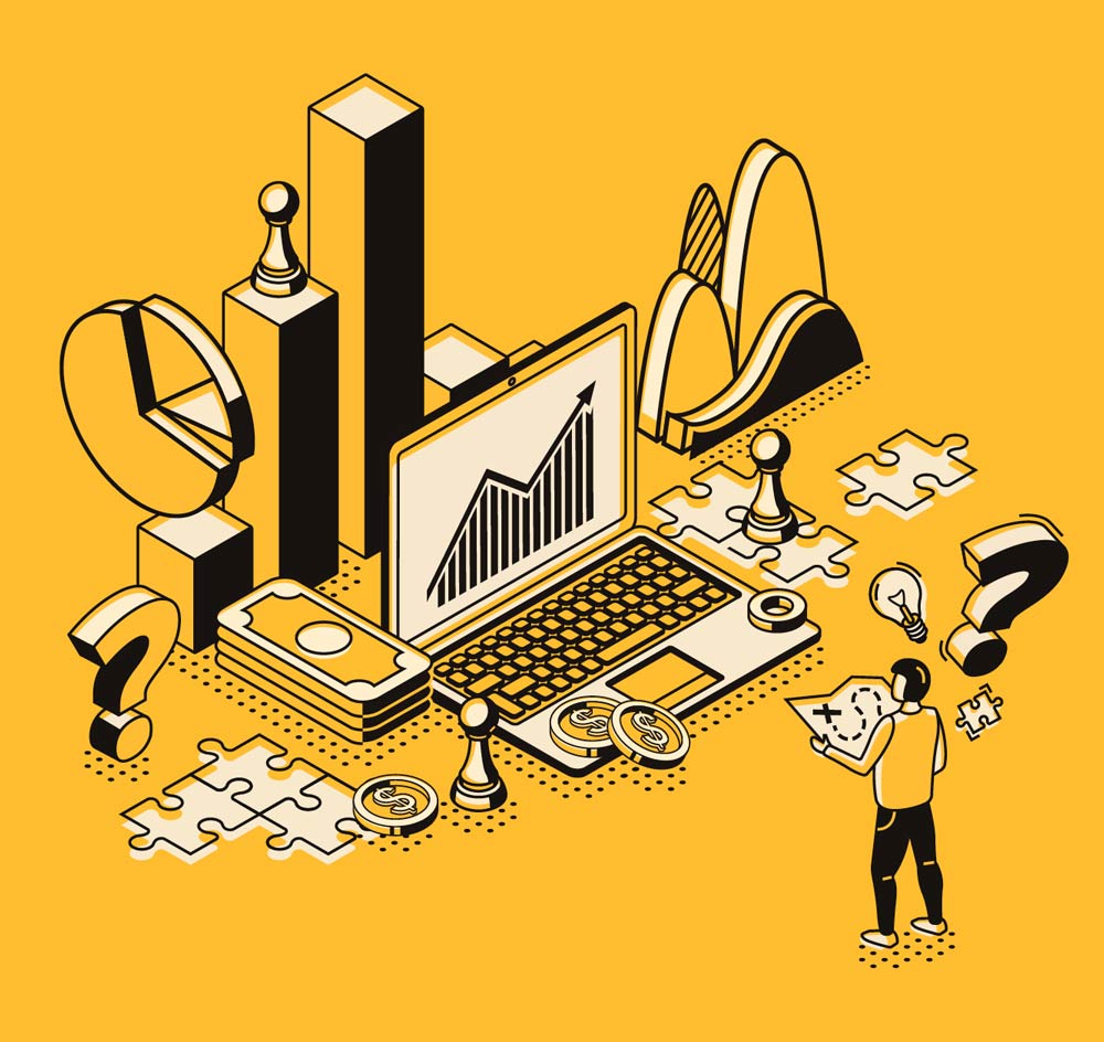 An illustration of a man on a yellow background looking at finance elements.