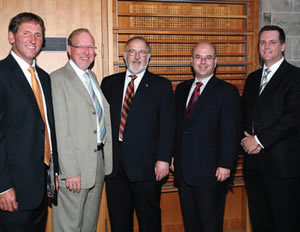 From left, Sean Cleary, Dean David Saunders, Bob McLean, CFA Institute, Peter Jarvis, Toronto CFA Society and Jonathan Allen, BCom'01