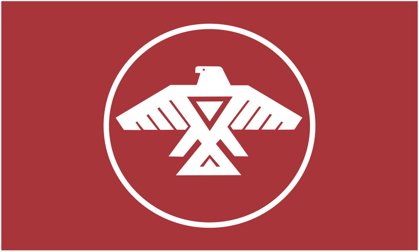 The Ashinabek flag is a white thunderbird in the center of a white circle on a dark red background.